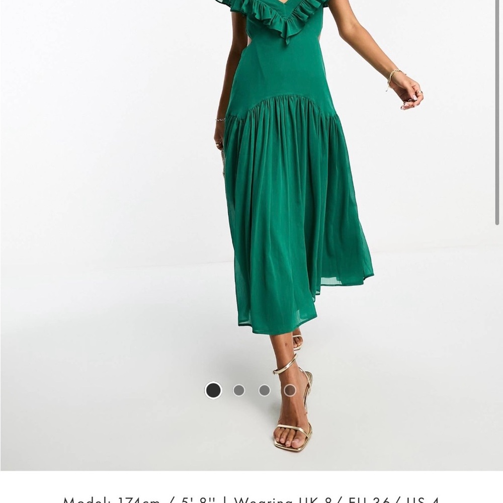 ASOS DESIGN Flutter Sleeve Ruffle MIDI Dress with Open Back in Forest Green